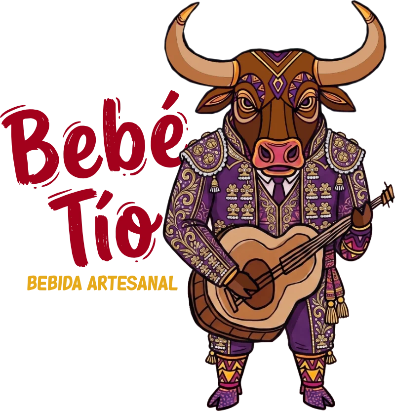 Ilustración retro de mascota de toro torero con guitarra para marca Bebé Tío