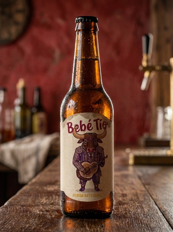 Diseño de packaging artesanal de cerveza sobre botella de vidrio ámbar